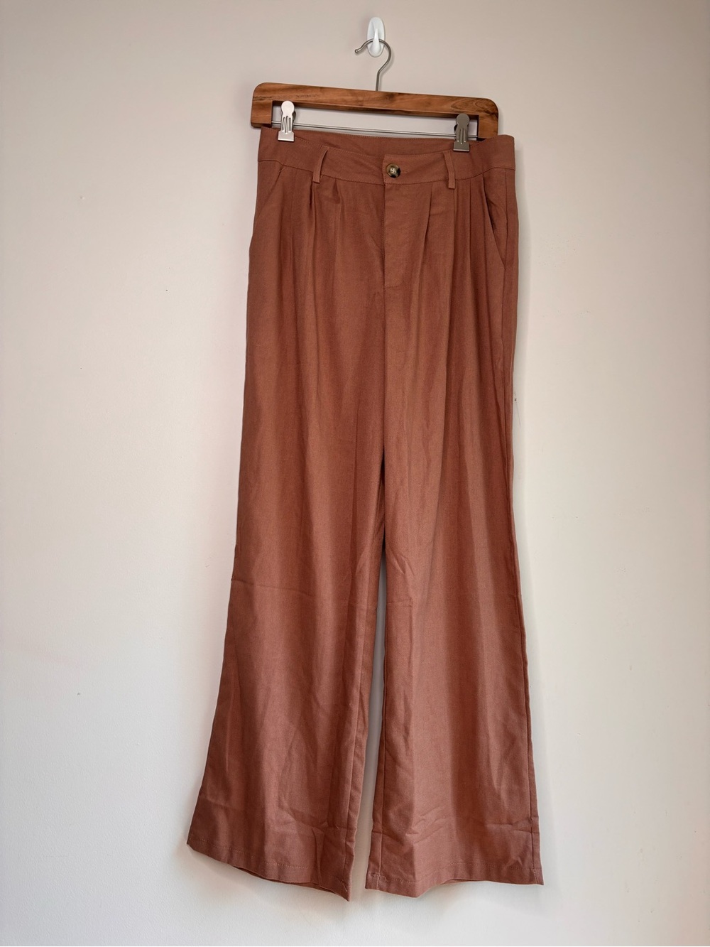 Wide Leg Linen Pants High Rise Pleated Camel Brown Size Medium